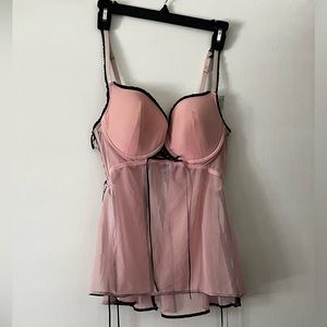Pink Baby Doll Lingerie With Black Lace Trim and Ribbons